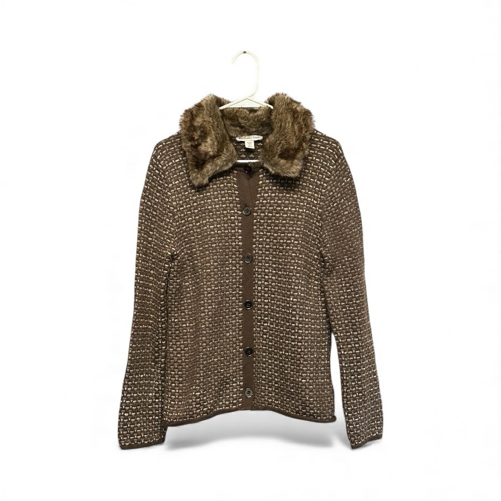 Y2K Era Coldwater Creek Brown Textured Button Down Sweater w/ Faux Fur Collar M